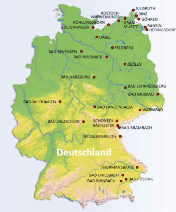 Landkarte Deutschland mit Orten, wohin Reisen aus dem MediKur-Reisen-Angebot führen