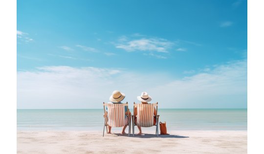An einem weißen, einsamen Strand vor türkisblauem Meer sitzen ein Mann und eine Frau mit Sonnenhut im Liegestuhl 