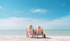 An einem weißen, einsamen Strand vor türkisblauem Meer sitzen ein Mann und eine Frau mit Sonnenhut im Liegestuhl 