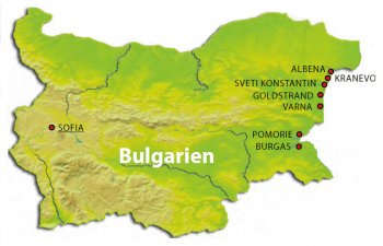 Landkarte von Bulgarien mit der Lage beliebte Reiseziele wie Sofia, Albena, Kranevo, Goldstrand, Varna, Sveti Konstantin, Pomorie, Burgas